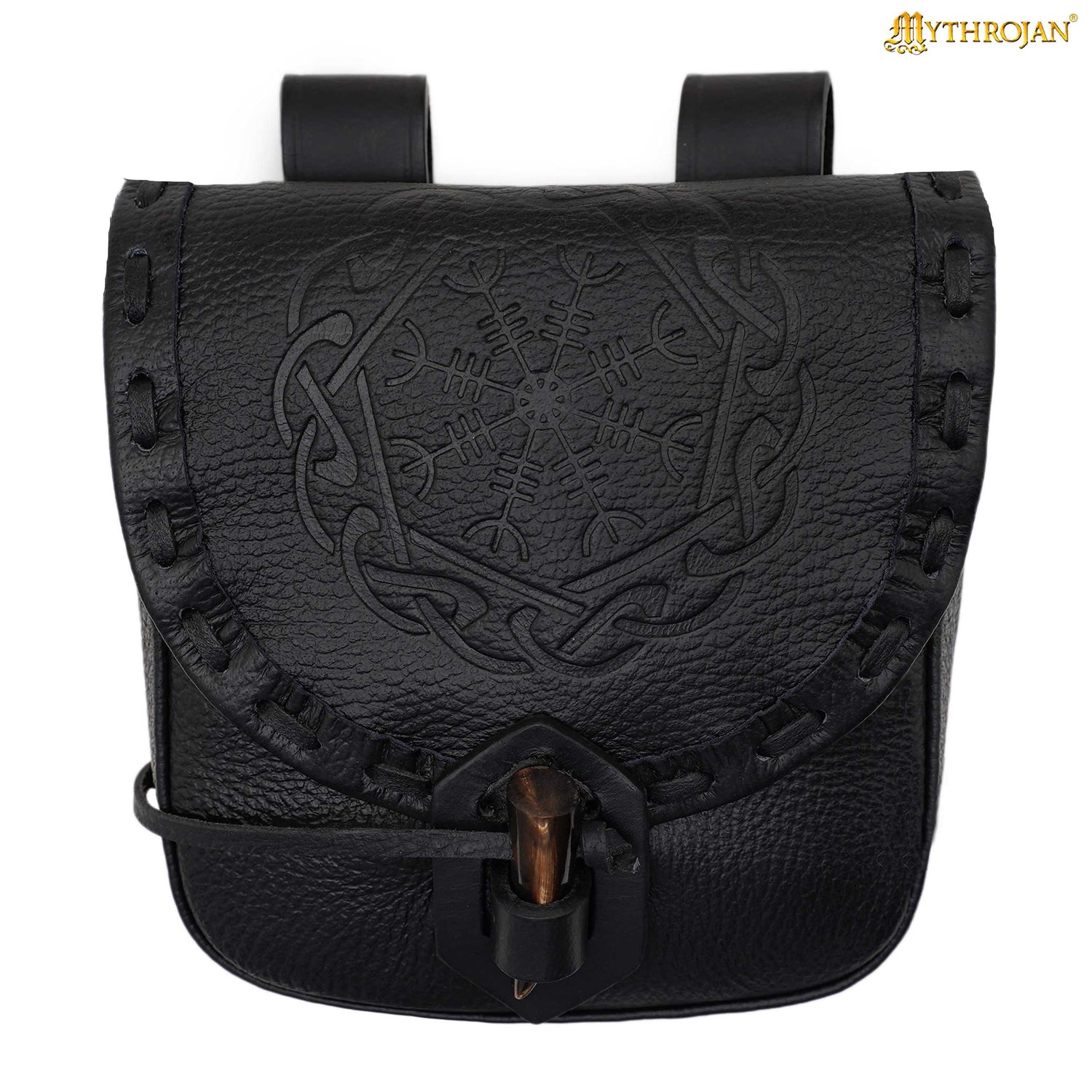 Mythrojan “The Adventurer’s” Belt Bag with Horn Toggle, ideal for SCA LARP reenactment &amp; Ren fair, Full Grain Leather, Black 7”