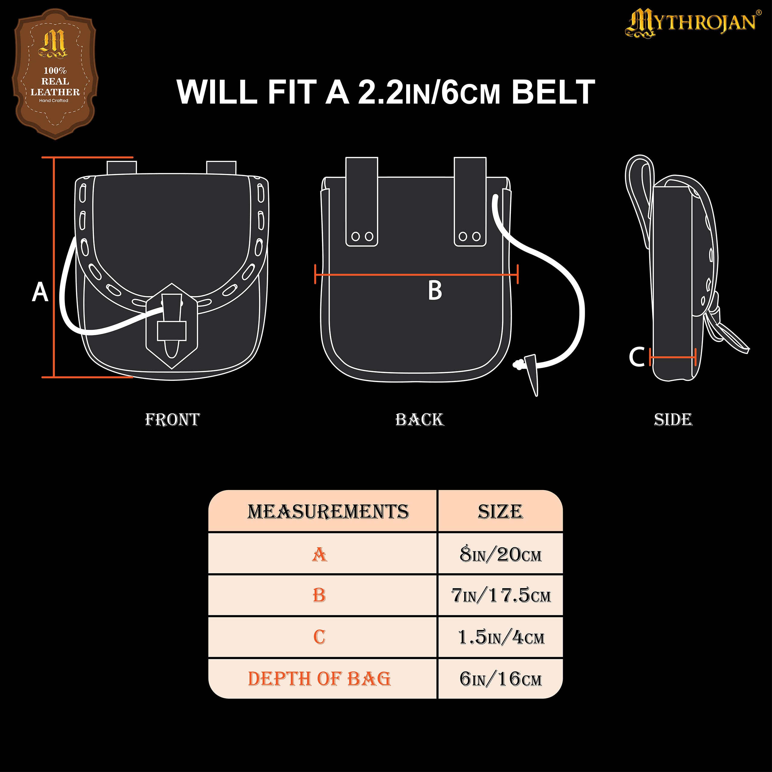 Mythrojan “The Adventurer’s” Belt Bag with Horn Toggle, Ideal for SCA LARP Reenactment &amp; Ren fair, Full Grain Leather, Brown, 8”x 7”