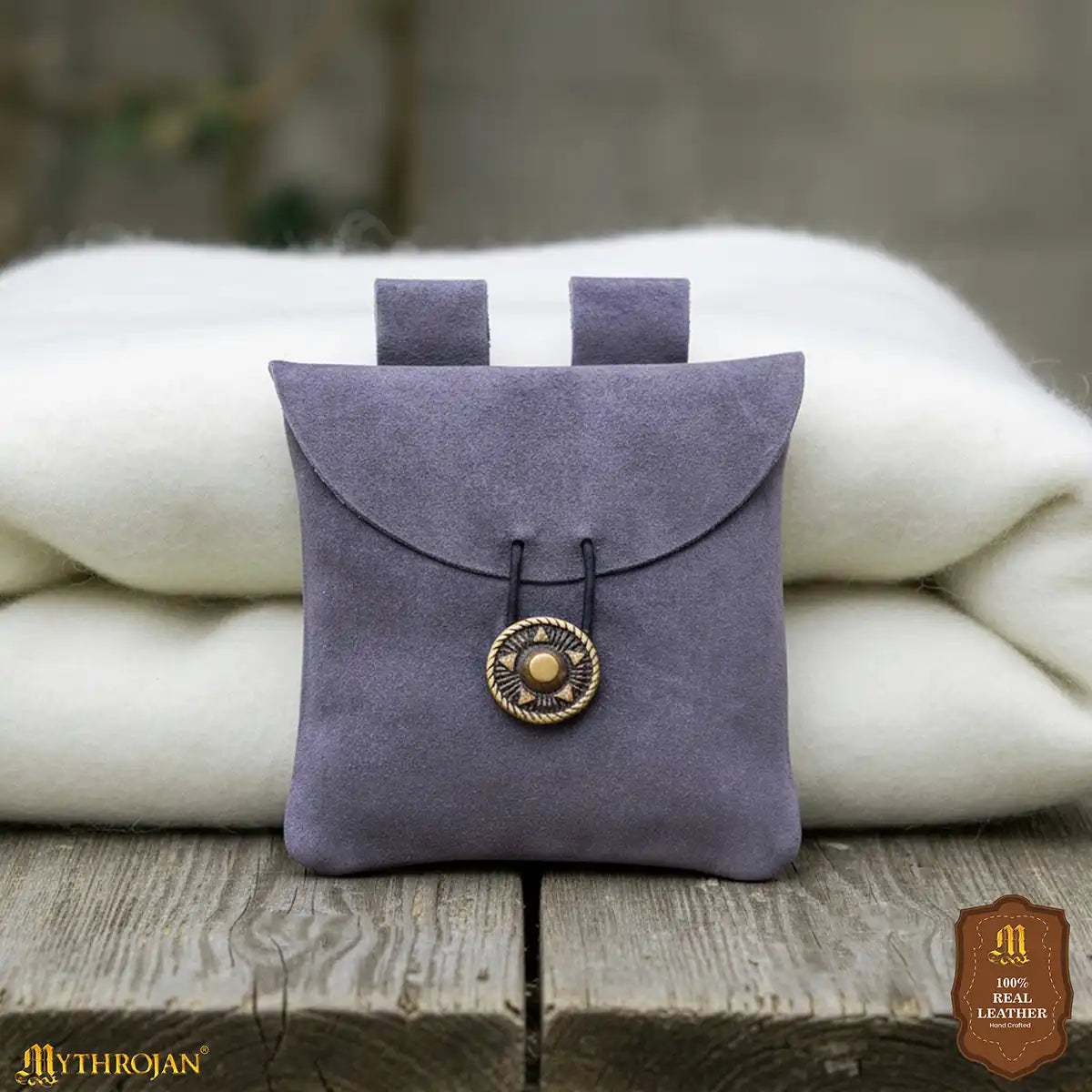 Mythrojan Suede Belt Bag, Ideal for SCA LARP Reenactment &amp; Ren fair, Suede Leather, Blue , 5 .5”× 5.1 ”