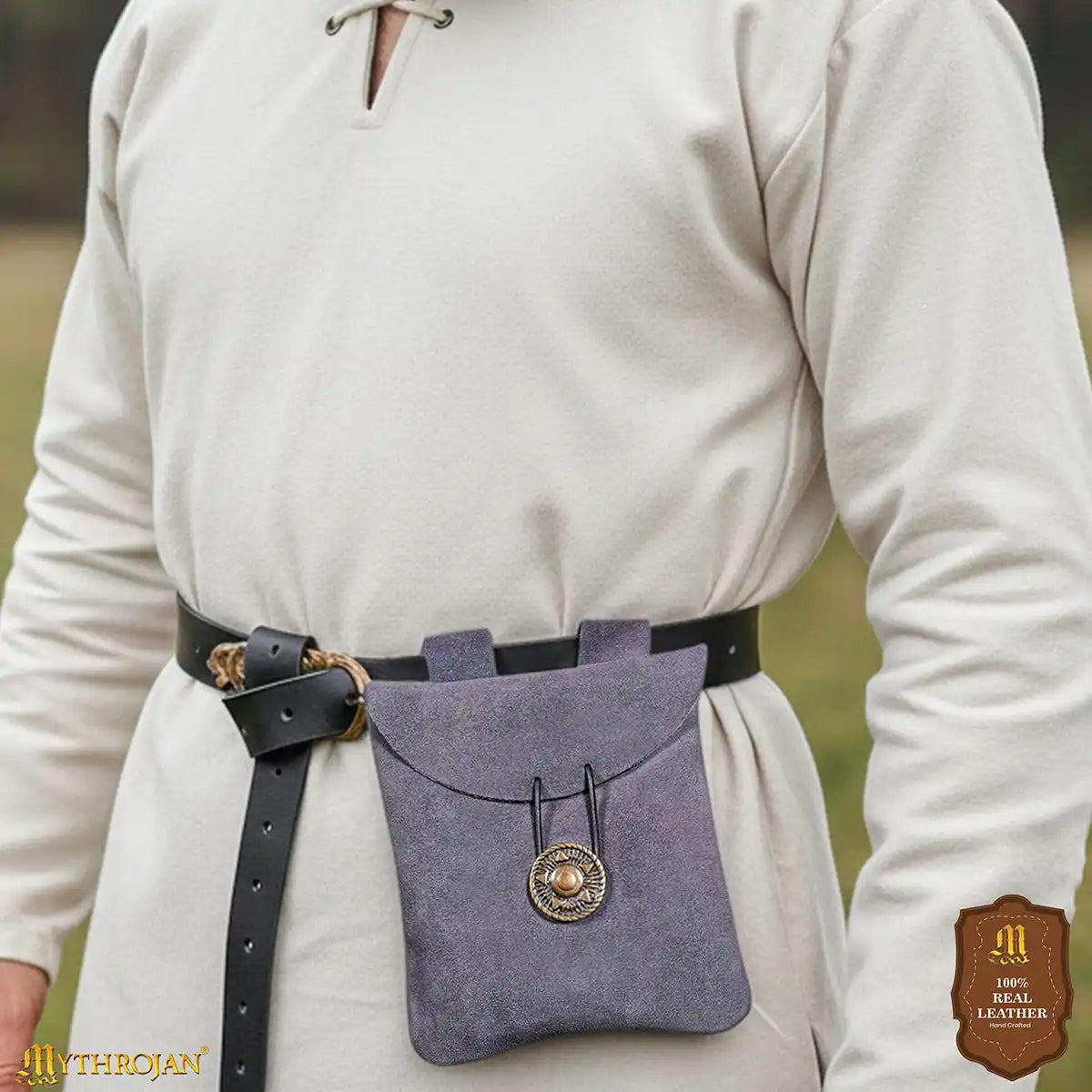 Mythrojan Suede Belt Bag, Ideal for SCA LARP Reenactment &amp; Ren fair, Suede Leather, Blue , 5 .5”× 5.1 ”