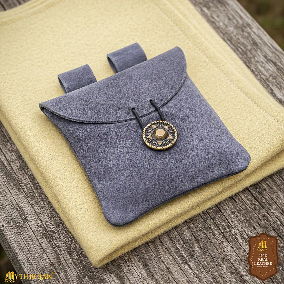 Mythrojan Suede Belt Bag, Ideal for SCA LARP Reenactment &amp; Ren fair, Suede Leather, Blue , 5 .5”× 5.1 ”