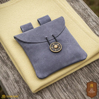 Mythrojan Suede Belt Bag, Ideal for SCA LARP Reenactment &amp; Ren fair, Suede Leather, Blue , 5 .5”× 5.1 ”