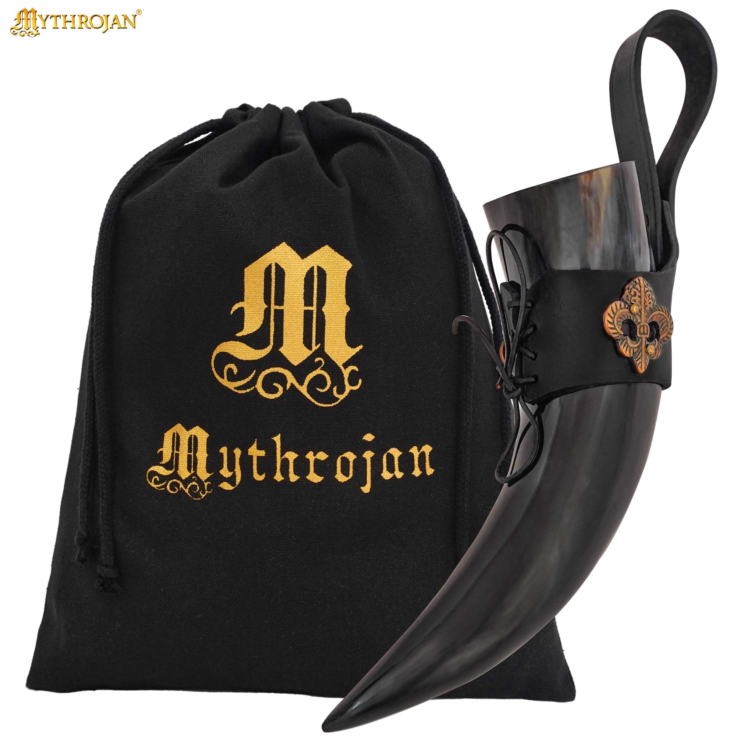 Mythrojan THE KNIGHT OF REALM Viking Drinking Horn with Black Leather Holder Authentic Medieval Inspired Viking Wine/Mead Mug - Polished Finish - 250 ML