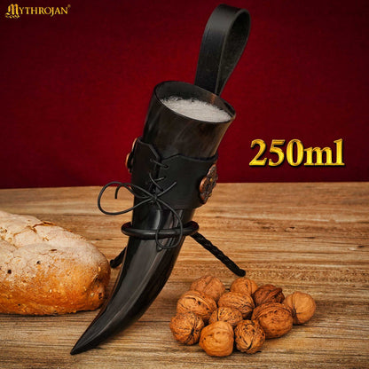 Mythrojan THE KNIGHT OF REALM Viking Drinking Horn with Black Leather Holder Authentic Medieval Inspired Viking Wine/Mead Mug - Polished Finish - 250 ML