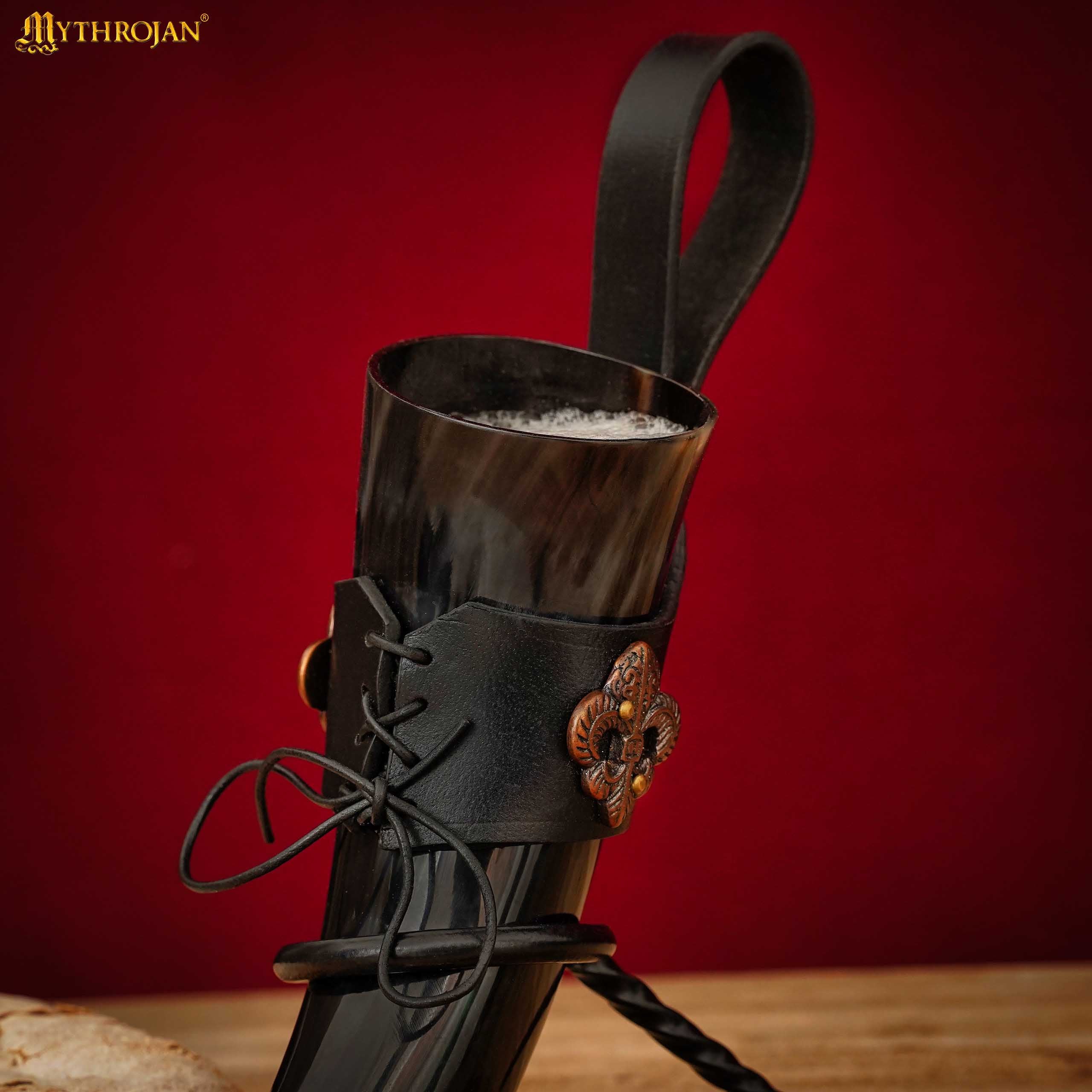 Mythrojan THE KNIGHT OF REALM Viking Drinking Horn with Black Leather Holder Authentic Medieval Inspired Viking Wine/Mead Mug - Polished Finish - 250 ML