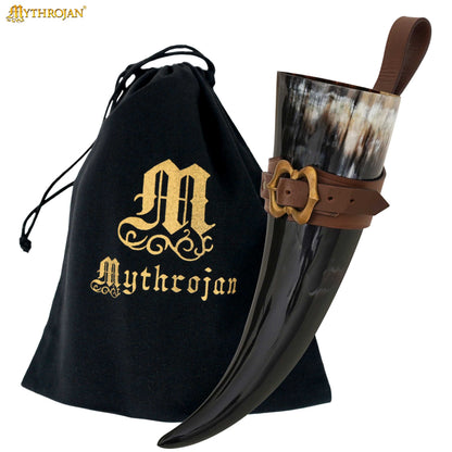 Mythrojan THE LOYAL SOLDIER - Viking Drinking Horn with Black Leather holder Authentic Medieval Inspired Viking Wine/Mead Mug - Polished Finish - 600ML