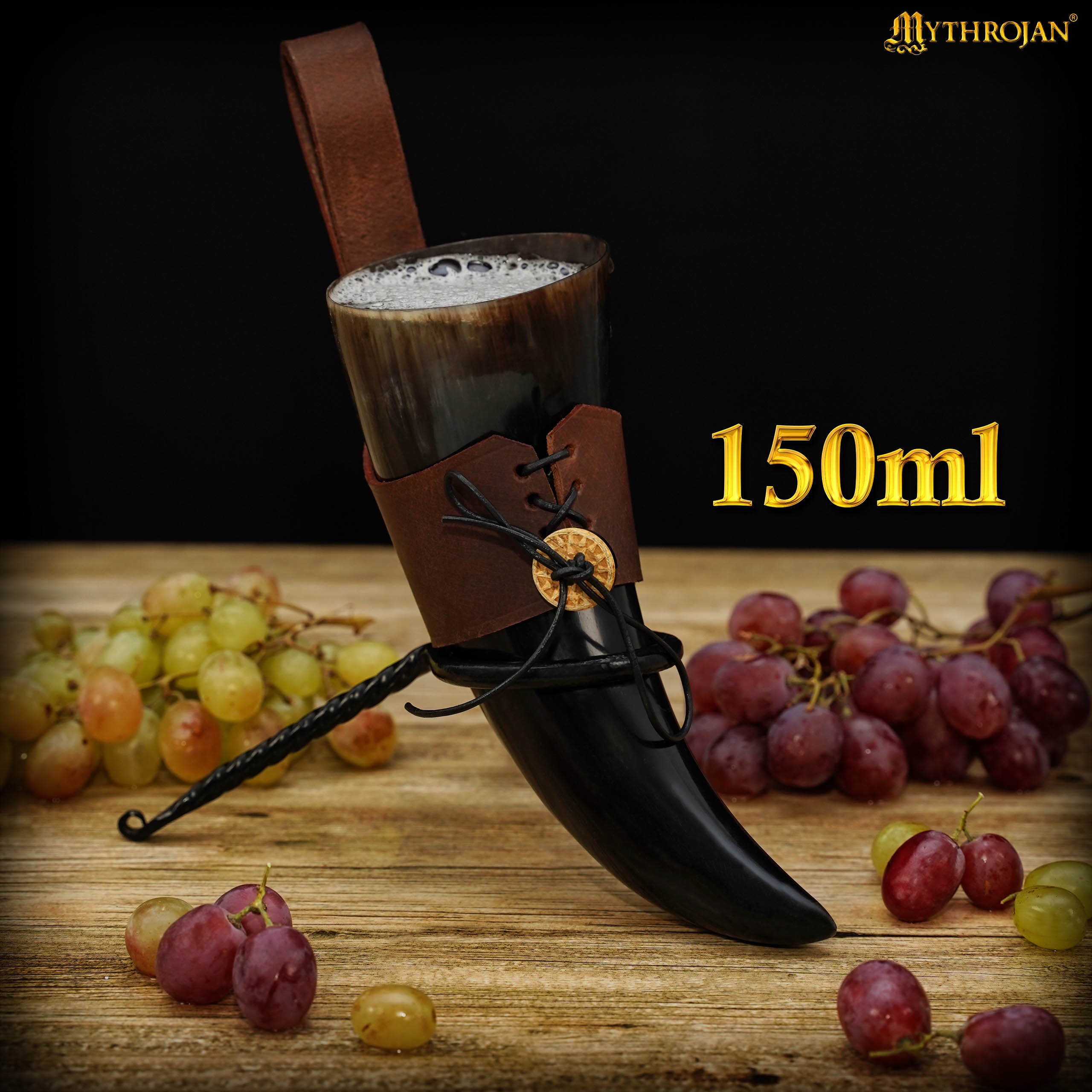 Mythrojan Viking Drinking Horn with Leather Holder Authentic Drinking Horn Norse Beer Horn Drinking Horn, 150ml