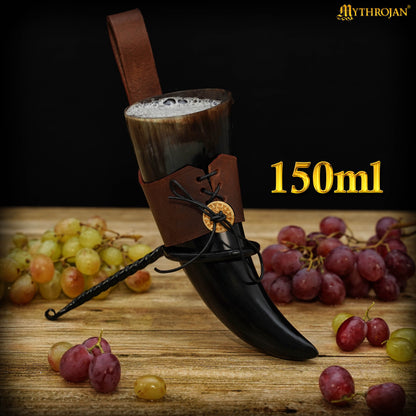 Mythrojan Viking Drinking Horn with Leather Holder Authentic Drinking Horn Norse Beer Horn Drinking Horn, 150ml