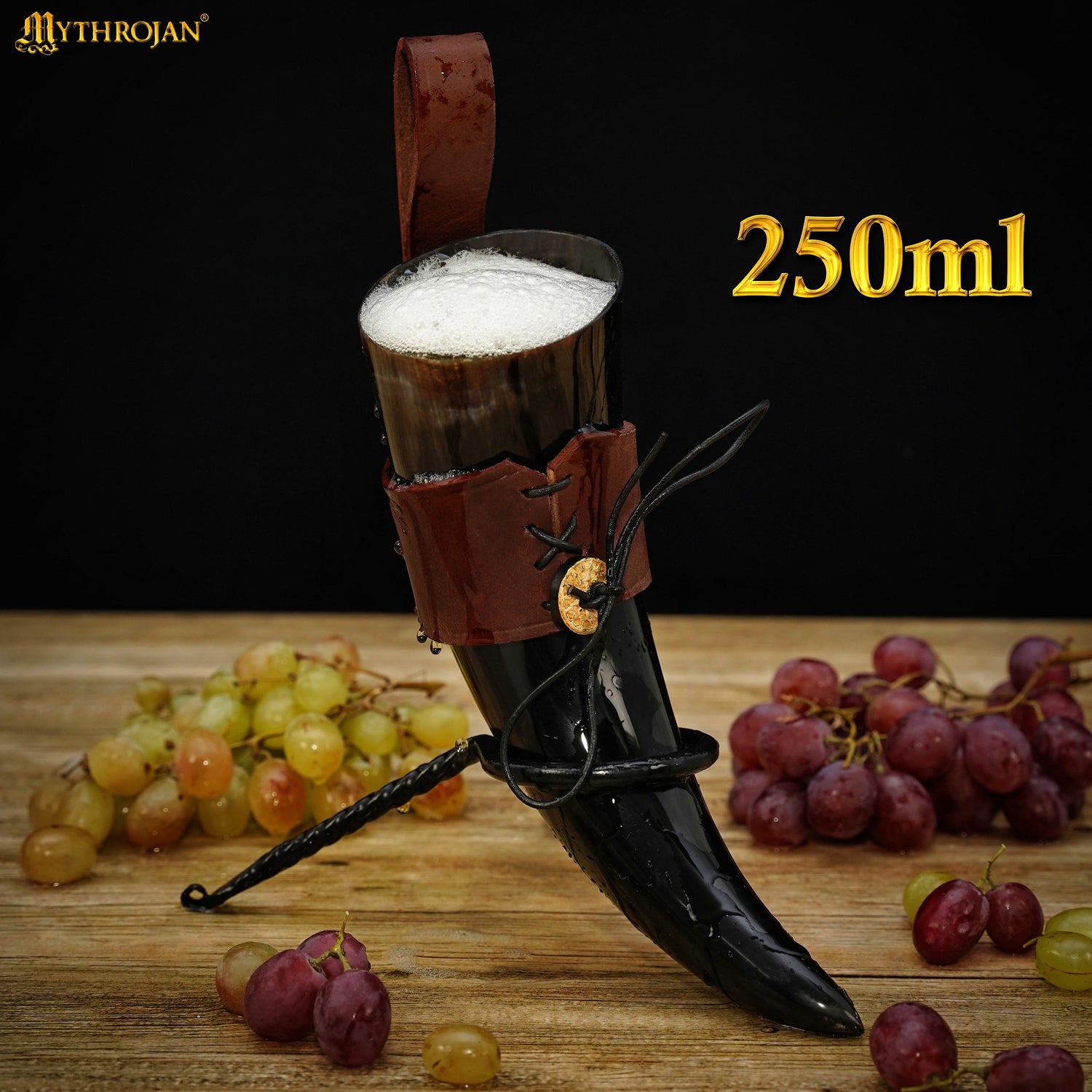 Mythrojan Viking Drinking Horn with Leather Holder Authentic Drinking Horn Norse Beer Horn Drinking Horn, 250ml