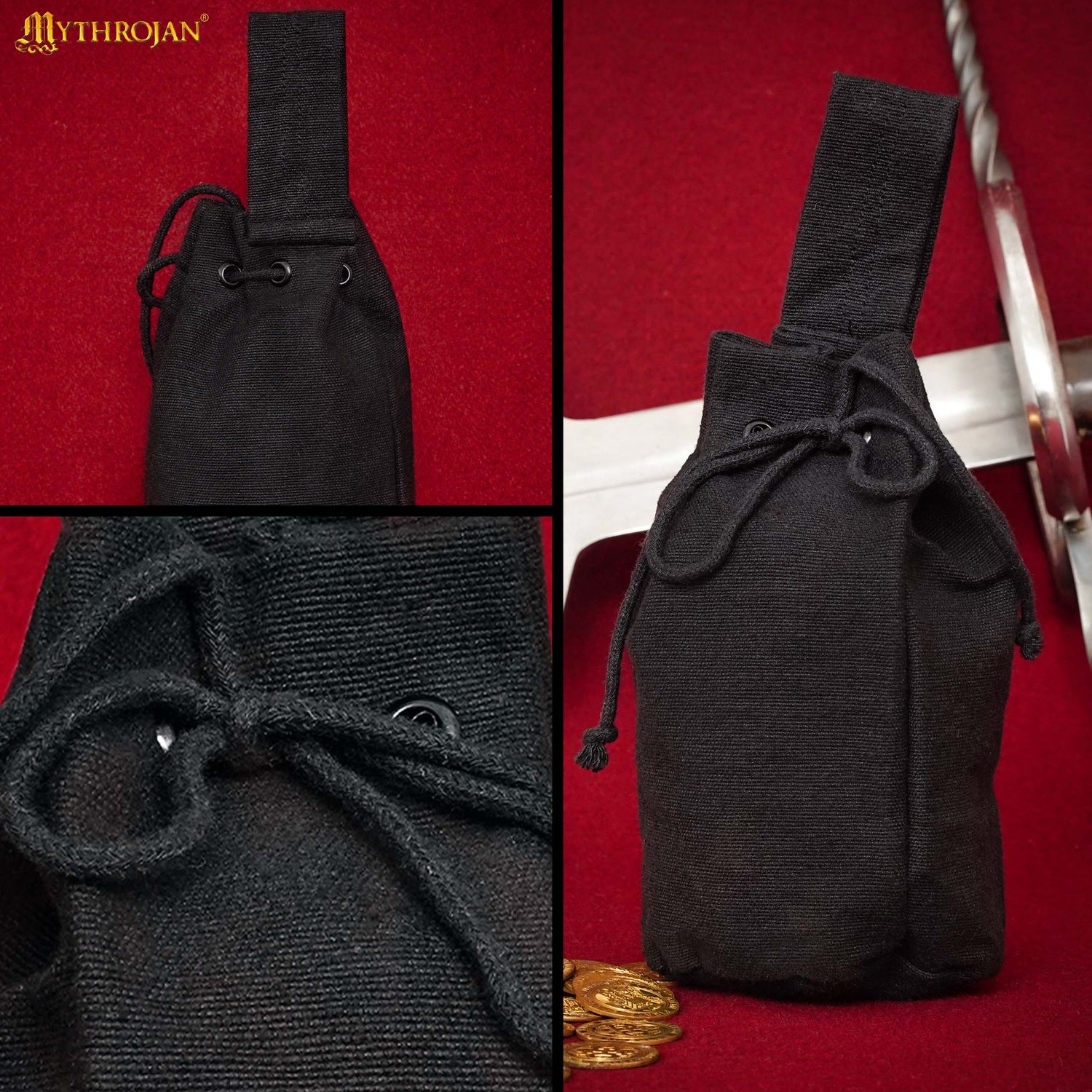 Mythrojan Medieval Drawstring Belt Bag, Ideal for SCA LARP Reenactment &amp; Ren fair, Handwoven Canvas , Black , 8 ”× 6.5 ”