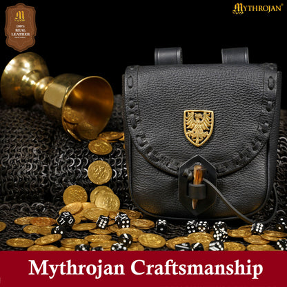 Mythrojan “The Adventurer’s” Belt Bag with Solid Brass Eagle Decoration , Ideal for SCA LARP Reenactment &amp; Ren fair, Full Grain Leather, Black , 8”x 7”