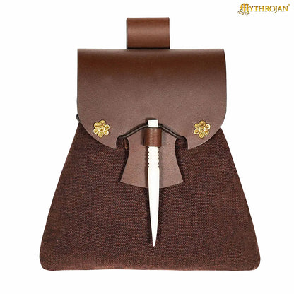 Mythrojan “Gold and Dice” Medieval Fantasy Belt Bag with Bone Needle Closure, Ideal for SCA LARP reenactment &amp; Ren fair, Brown, 7”×7”