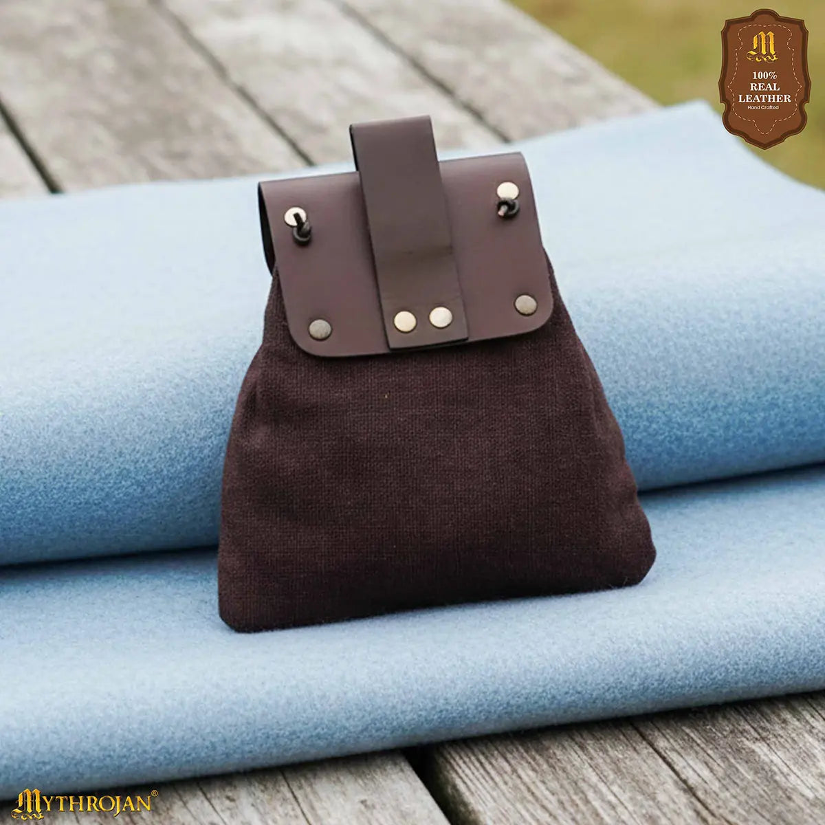 Mythrojan “Gold and Dice” Medieval Fantasy Belt Bag with Bone Needle Closure, Ideal for SCA LARP reenactment &amp; Ren fair, Brown, 7”×7”