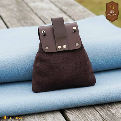 Mythrojan “Gold and Dice” Medieval Fantasy Belt Bag with Bone Needle Closure, Ideal for SCA LARP reenactment &amp; Ren fair, Brown, 7”×7”