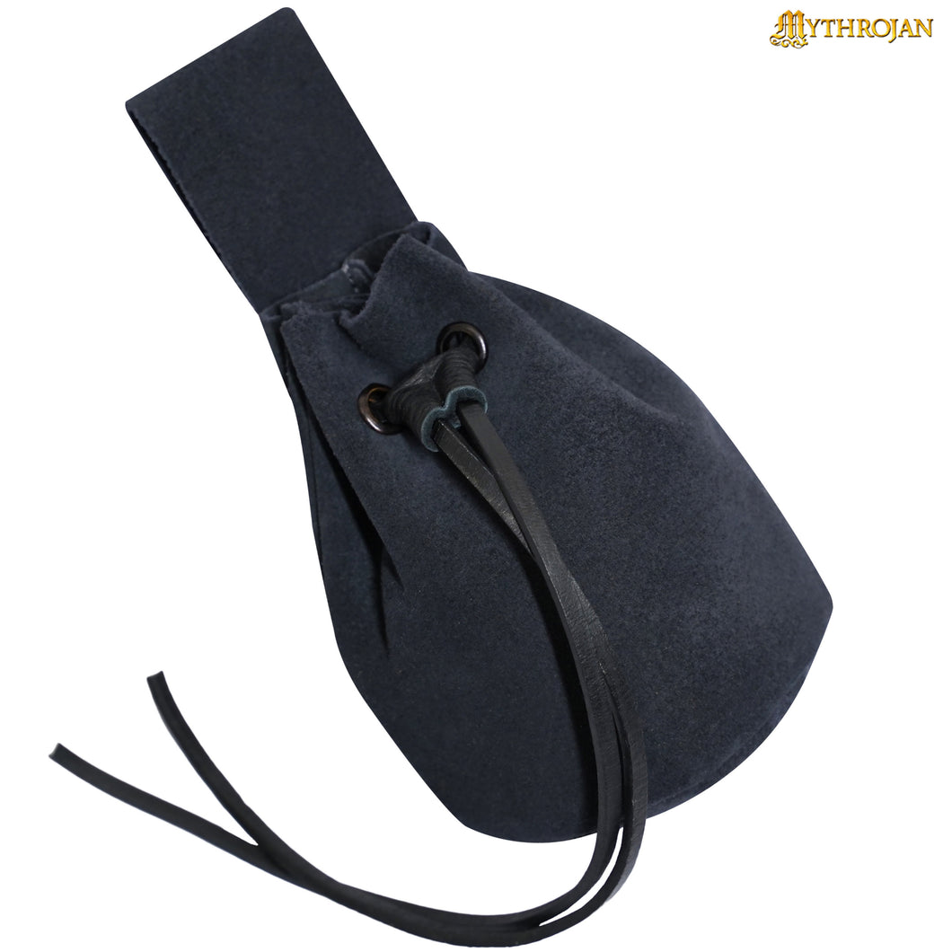 Mythrojan Medieval Drawstring Belt Bag, Ideal for SCA LARP Reenactment & Ren Fair, Suede Leather, Midnight Navyblue, 5”×6”