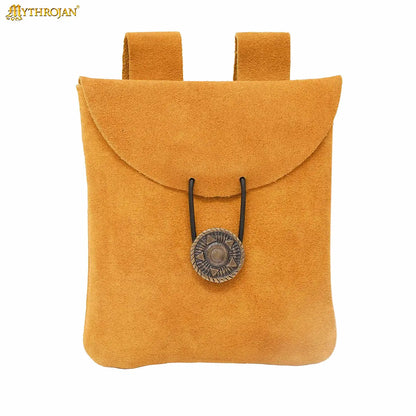 Mythrojan Suede Belt Bag, Ideal for SCA LARP Reenactment &amp; Ren fair, Suede Leather, Yellow , 5 .5”× 5.1 ”