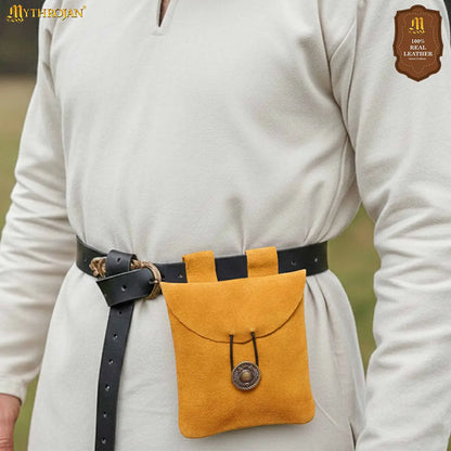 Mythrojan Suede Belt Bag, Ideal for SCA LARP Reenactment &amp; Ren fair, Suede Leather, Yellow , 5 .5”× 5.1 ”