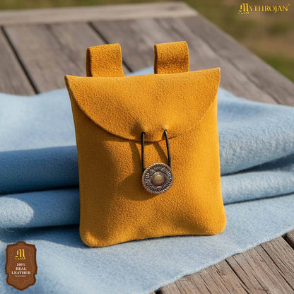 Mythrojan Suede Belt Bag, Ideal for SCA LARP Reenactment &amp; Ren fair, Suede Leather, Yellow , 5 .5”× 5.1 ”