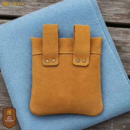 Mythrojan Suede Belt Bag, Ideal for SCA LARP Reenactment &amp; Ren fair, Suede Leather, Yellow , 5 .5”× 5.1 ”