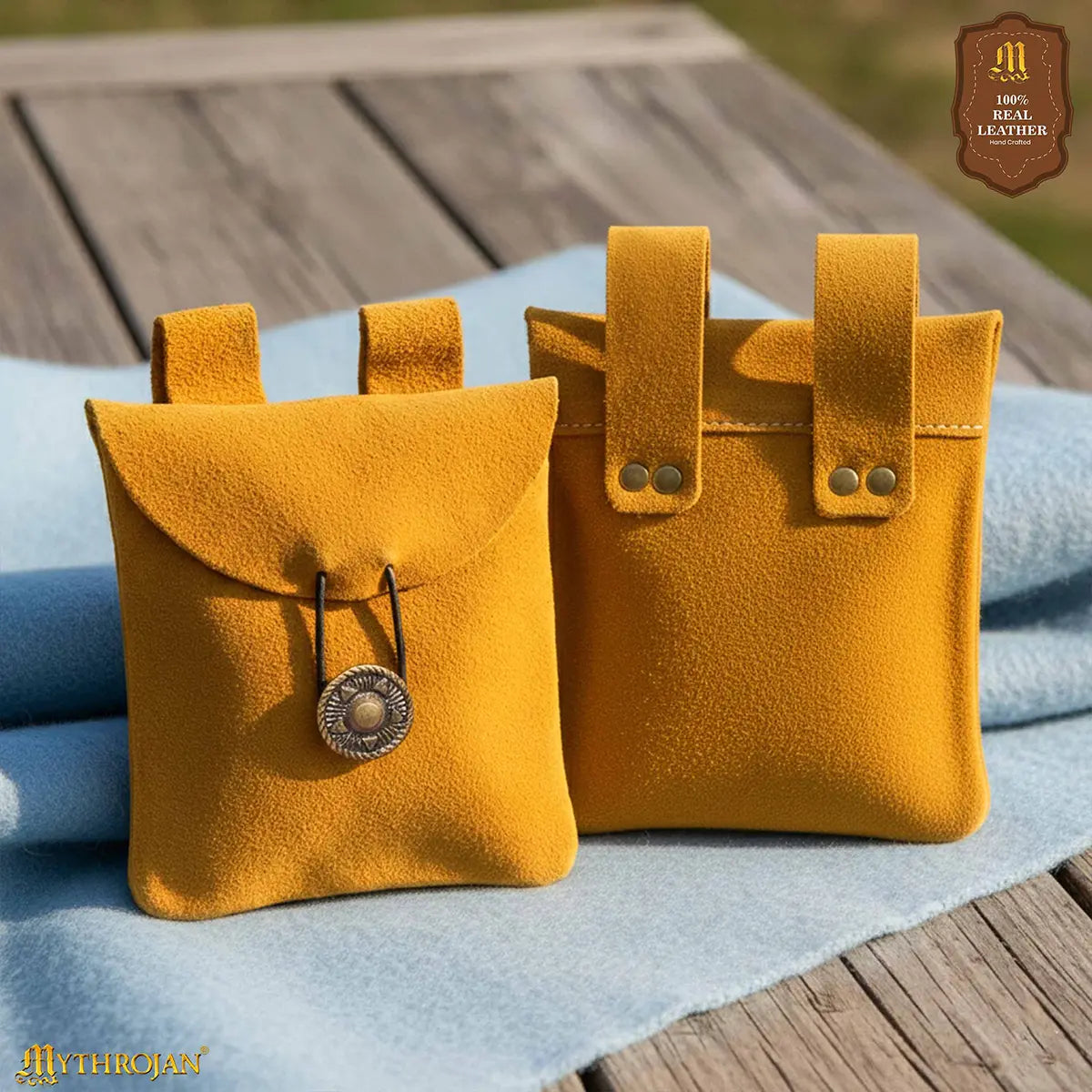 Mythrojan Suede Belt Bag, Ideal for SCA LARP Reenactment &amp; Ren fair, Suede Leather, Yellow , 5 .5”× 5.1 ”