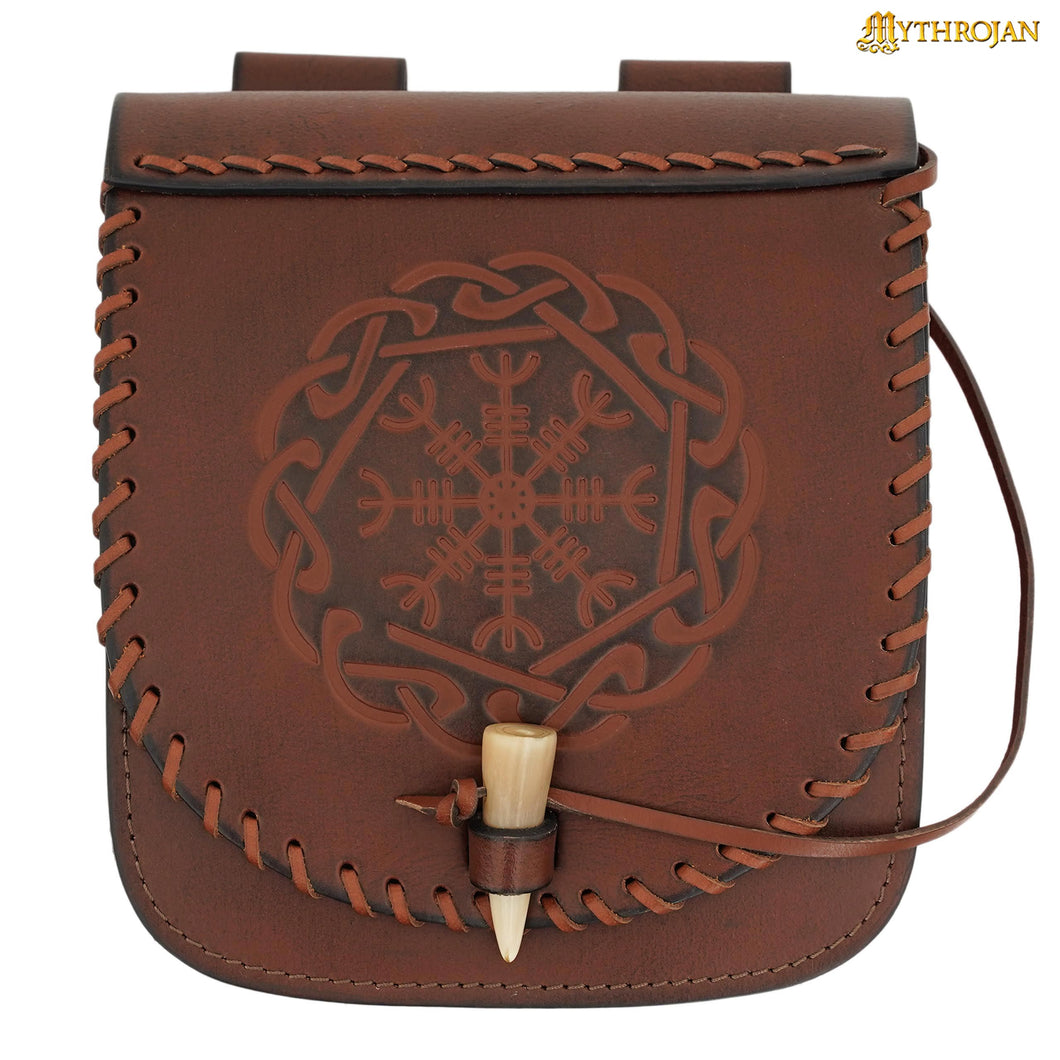 Mythrojan “Warrior of the North” Belt Bag with Helm of Awe Embossing, Ideal for SCA LARP Reenactment & Ren fair, Full Grain Leather, Brown, 18.5 X 17cm