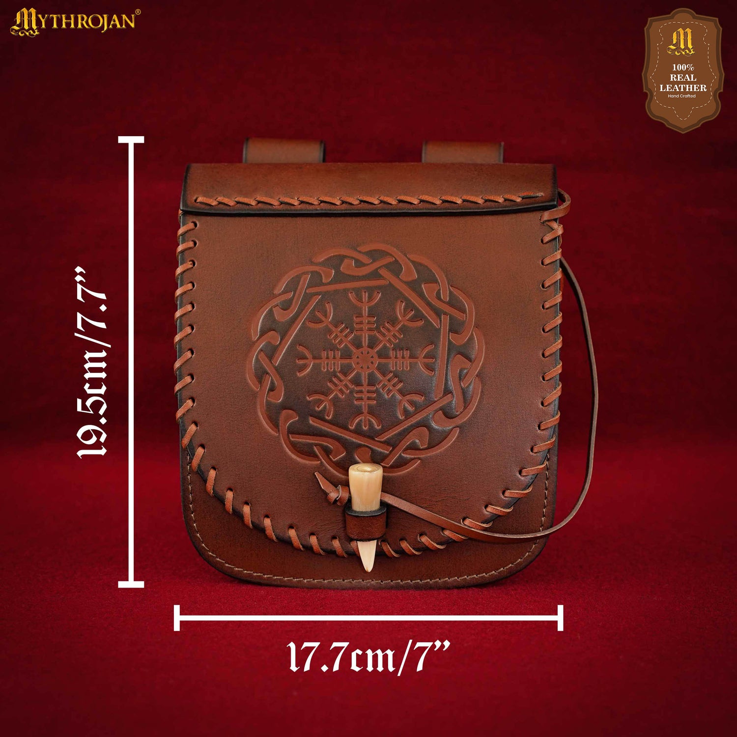 Mythrojan “Warrior of the North” Belt Bag with Helm of Awe Embossing, Ideal for SCA LARP Reenactment &amp; Ren fair, Full Grain Leather, Brown, 18.5 X 17cm