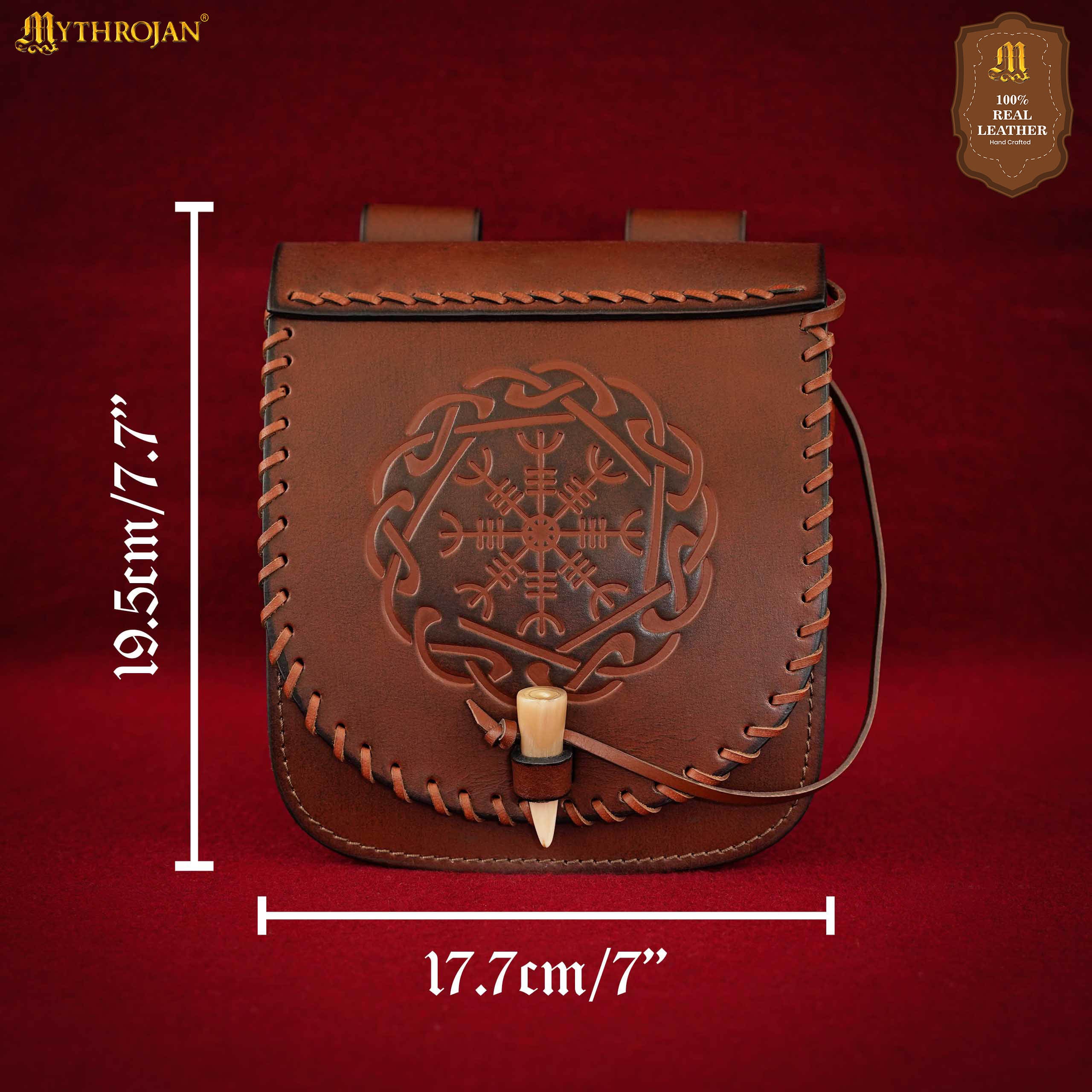 Mythrojan “Warrior of the North” Belt Bag with Helm of Awe Embossing, Ideal for SCA LARP Reenactment &amp; Ren fair, Full Grain Leather, Brown, 18.5 X 17cm