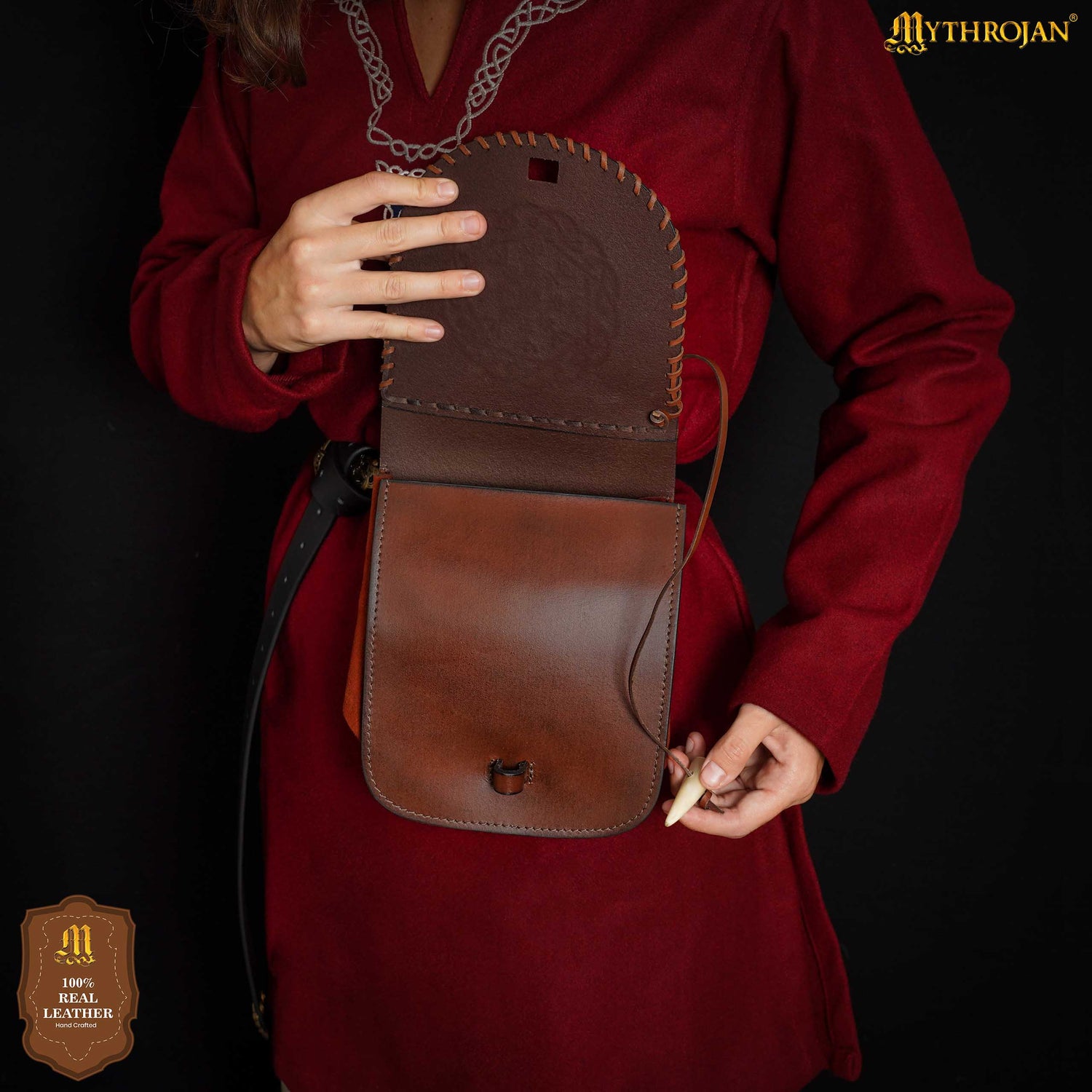 Mythrojan “Warrior of the North” Belt Bag with Helm of Awe Embossing, Ideal for SCA LARP Reenactment &amp; Ren fair, Full Grain Leather, Brown, 18.5 X 17cm