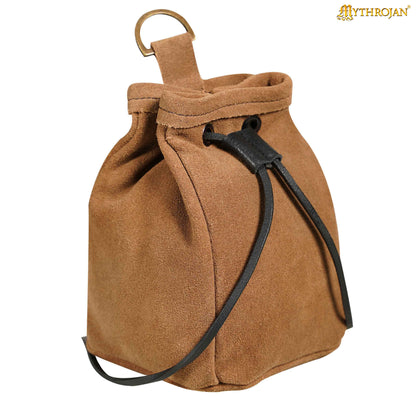 Mythrojan Medieval Drawstring Belt Bag, ideal for SCA LARP reenactment &amp; Ren fair, Suede Leather, Brown, 6.5”×4.5”