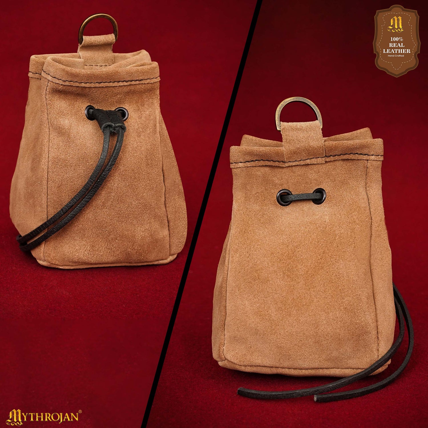 Mythrojan Medieval Drawstring Belt Bag, ideal for SCA LARP reenactment &amp; Ren fair, Suede Leather, Brown, 6.5”×4.5”