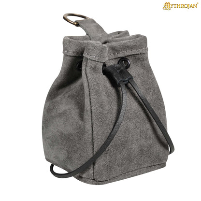 Mythrojan Medieval Drawstring Belt Bag, ideal for SCA LARP reenactment &amp; Ren fair, Suede Leather, Grey, 5”×4”