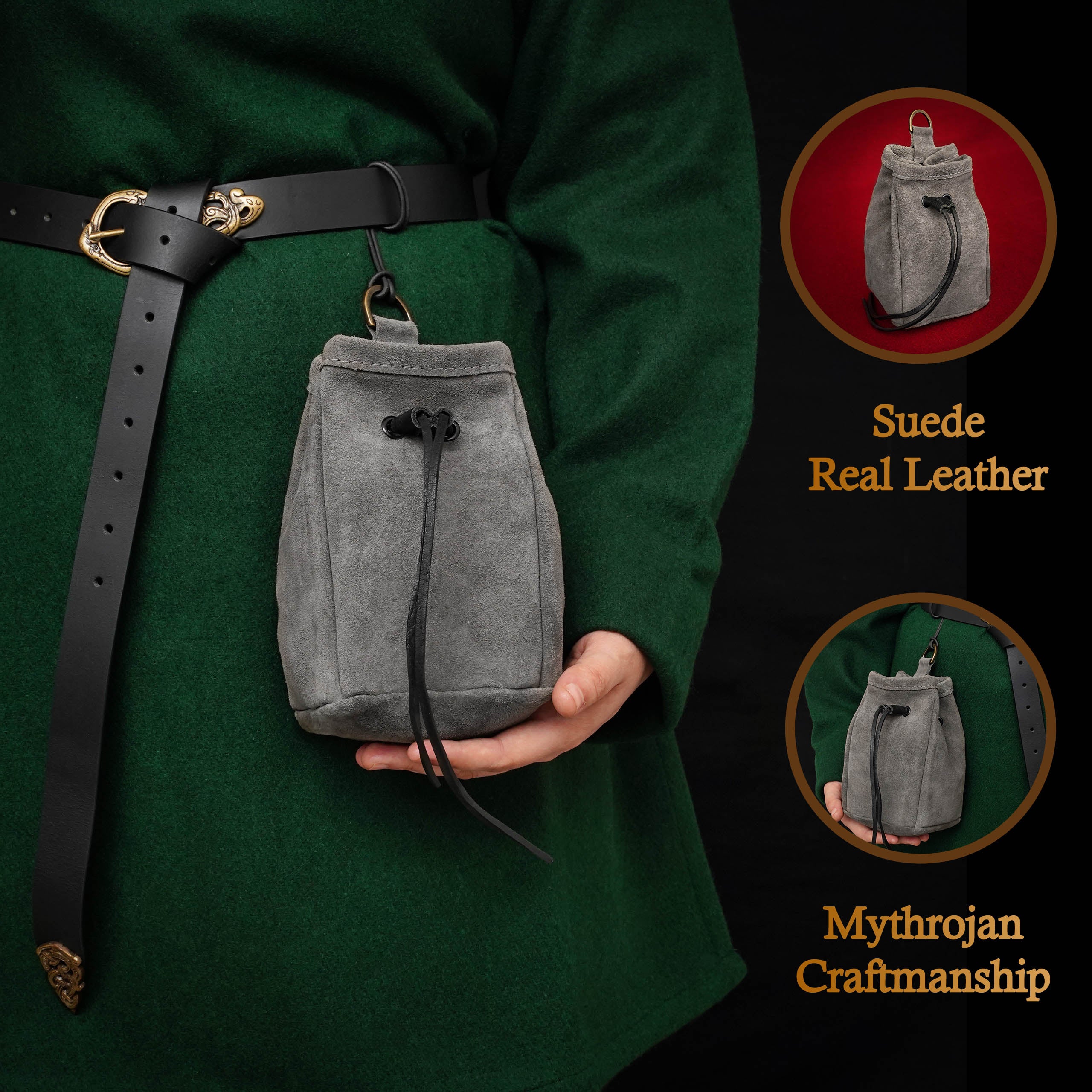 Mythrojan Medieval Drawstring Belt Bag, ideal for SCA LARP reenactment &amp; Ren fair, Suede Leather, Grey, 5”×4”