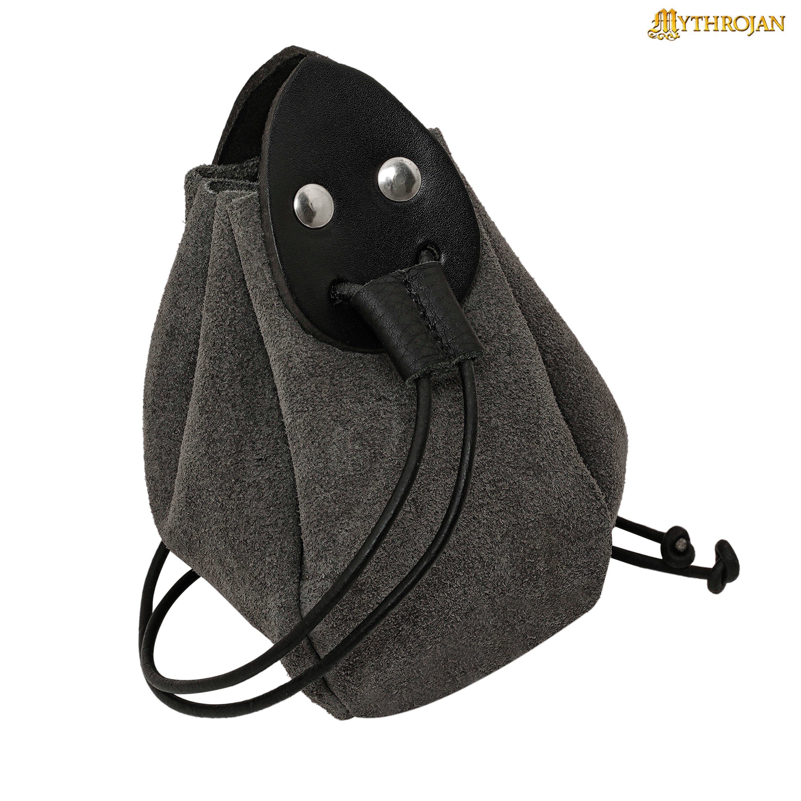 Mythrojan “Gold and Dice” Drawstring Pouch, ideal for SCA LARP reenactment &amp; Ren fair-Suede Leather Pouch, Grey, 4”