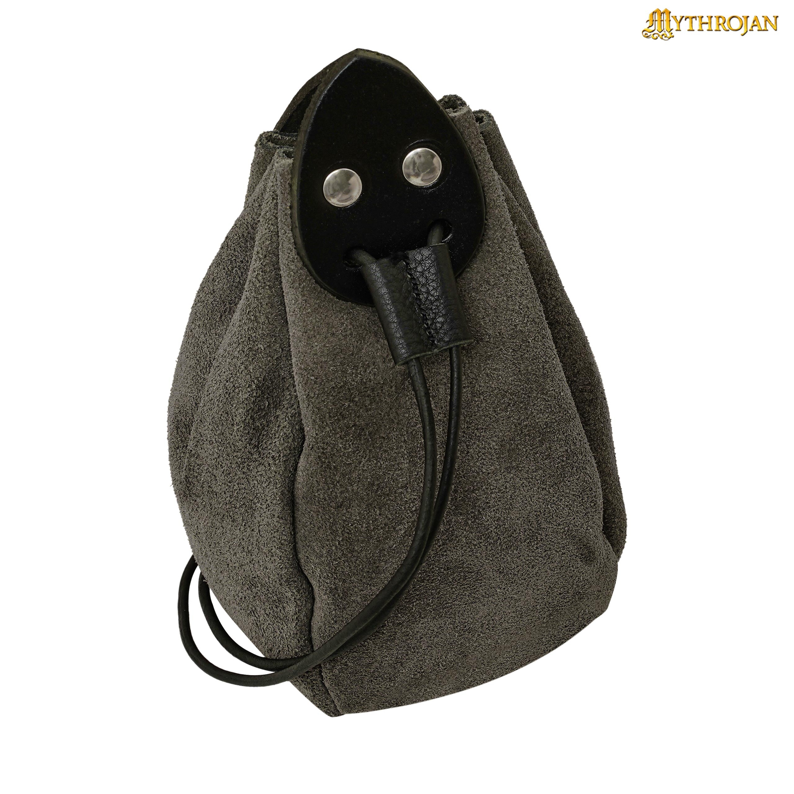 Mythrojan “Gold and Dice” Drawstring Pouch, ideal for SCA LARP reenactment &amp; Ren fair-Suede Leather Pouch, Grey, 6”