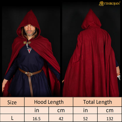 Mythrojan Woolen Hooded Cloak /Cape with delicate BRASS BROOCH Medieval Wool C ape for Ranger LARP SCA Cosplay, Maroon , Large