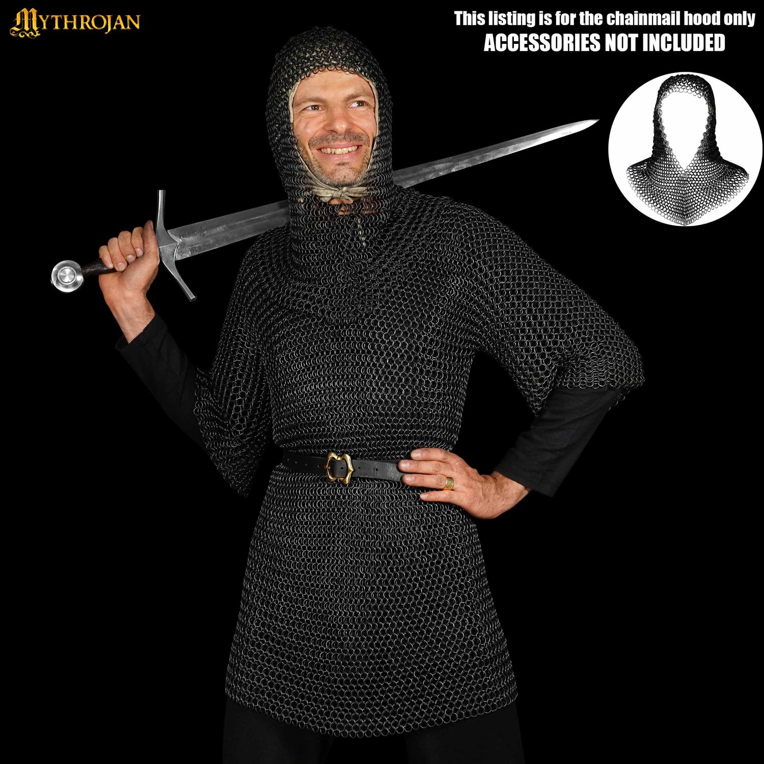 Mythrojan Medieval Chainmail Coif Butted Mild Steel, Medieval SCA Reenactments Medieval Events, Black Finish, L