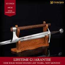 mythrojan-solid-wood-sword-stand-medieval-sword-wall-mount-samurai-sword-display-stand-katana-sword-holder-gladiator-sword-wall-display-crusader-sword-stand-knife-stand-for-display-two-tier-stand