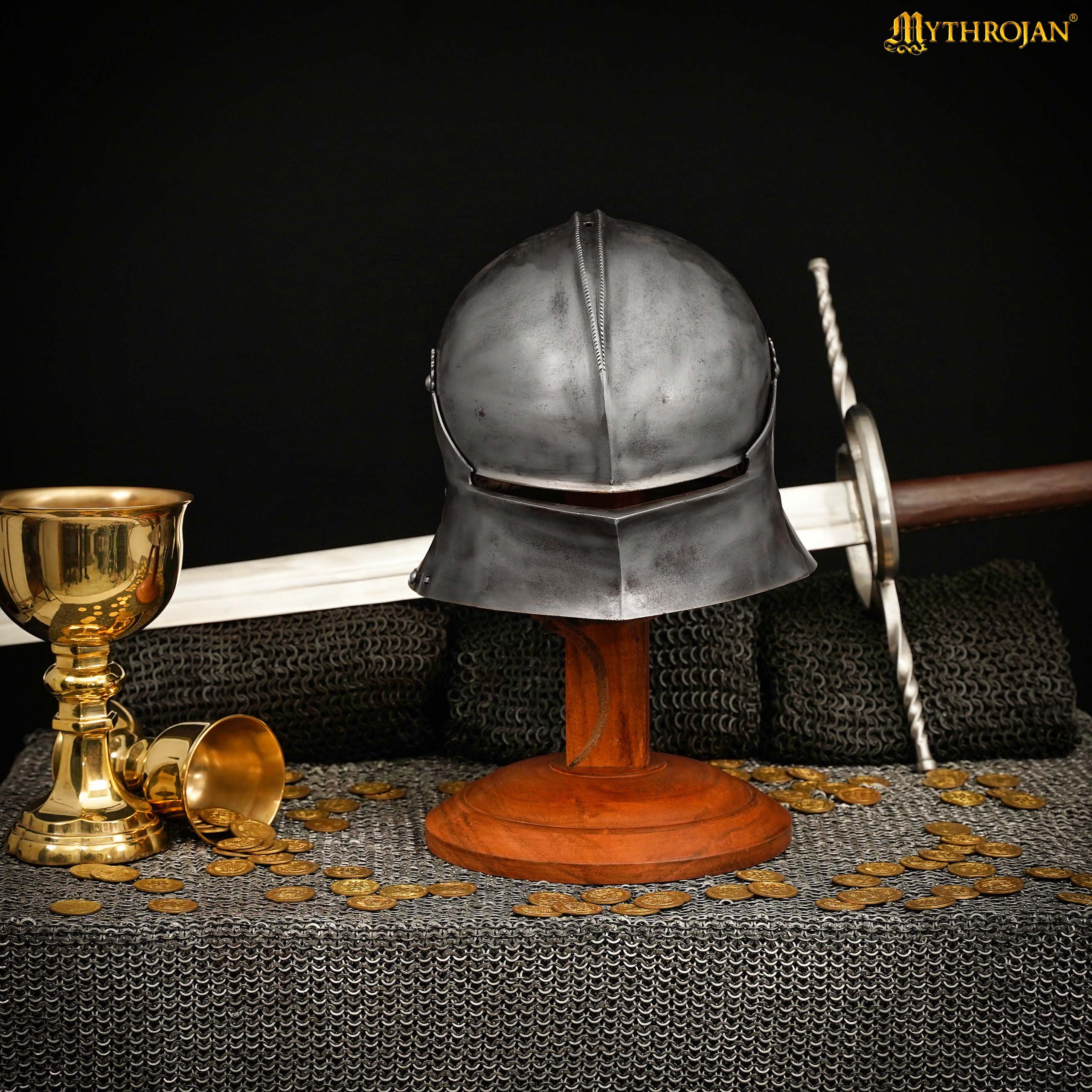 Mythrojan Wooden Helmet Display Stand Medieval Roman Viking Templar Spartan Cosplay LARP Knight Stand