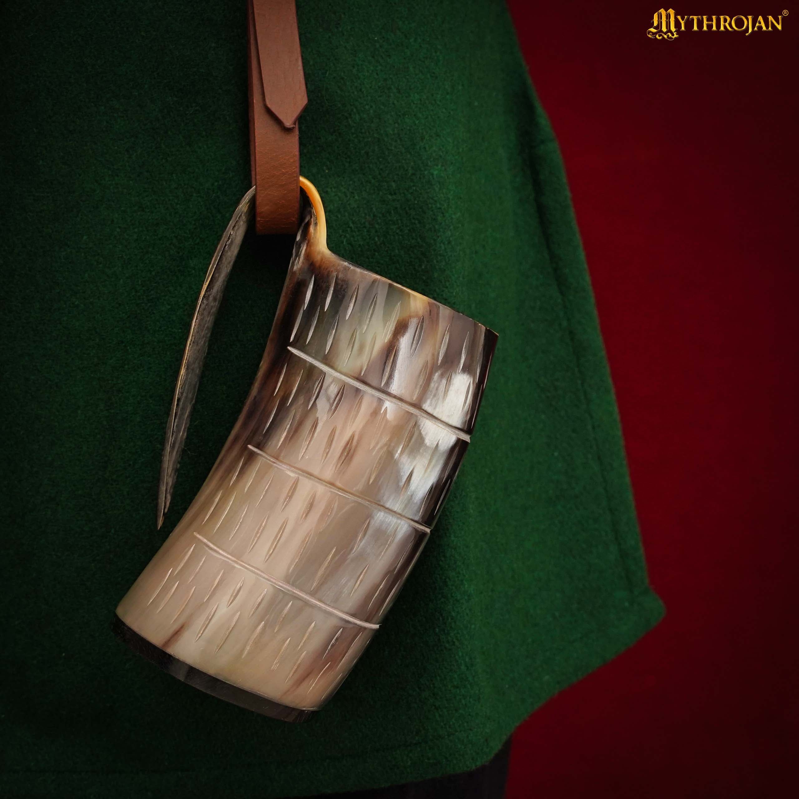 Mythrojan Viking Drinking Tankard with Medieval Buckle Leather Strap Wine Beer Mead Mug 600 ML - Polished Finish