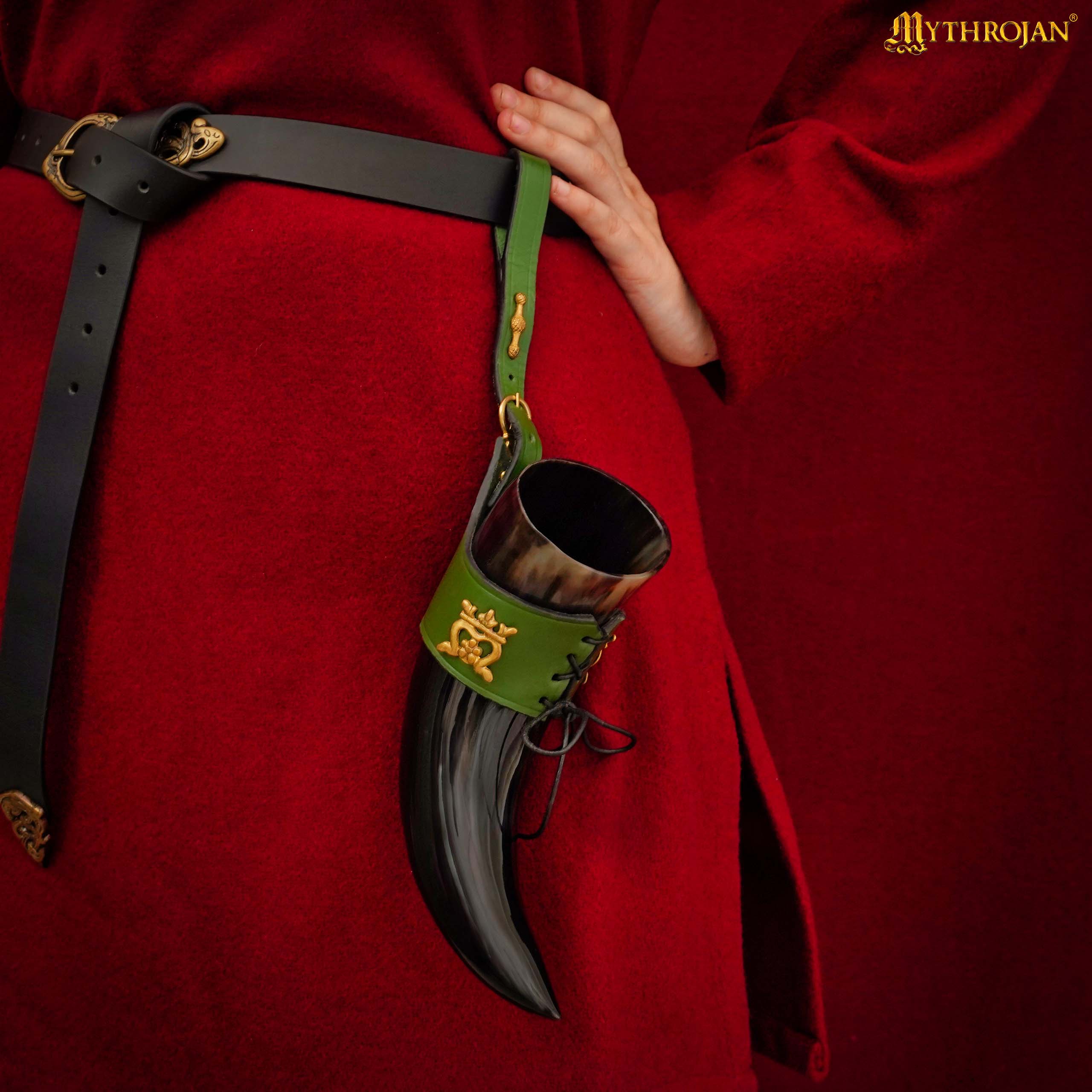 Mythrojan&quot;THE ELEGANT LADY&quot; Viking Drinking Horn with Leather Holder Authentic Medieval Inspired Viking Wine/Mead Mug - Polished Finish - 250 ML / Green