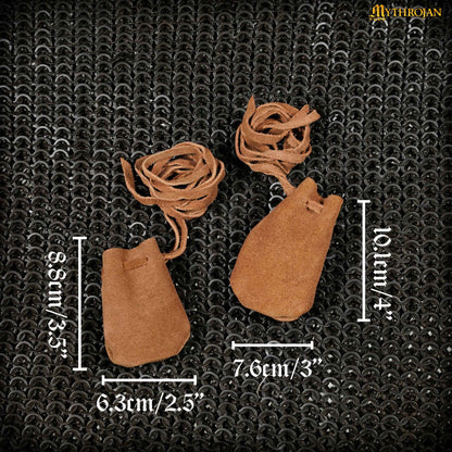 Mythrojan Pair of Medieval Drawstring Pouches, Ideal for SCA LARP Reenactment &amp; Ren fair - Suede Leather, Brown