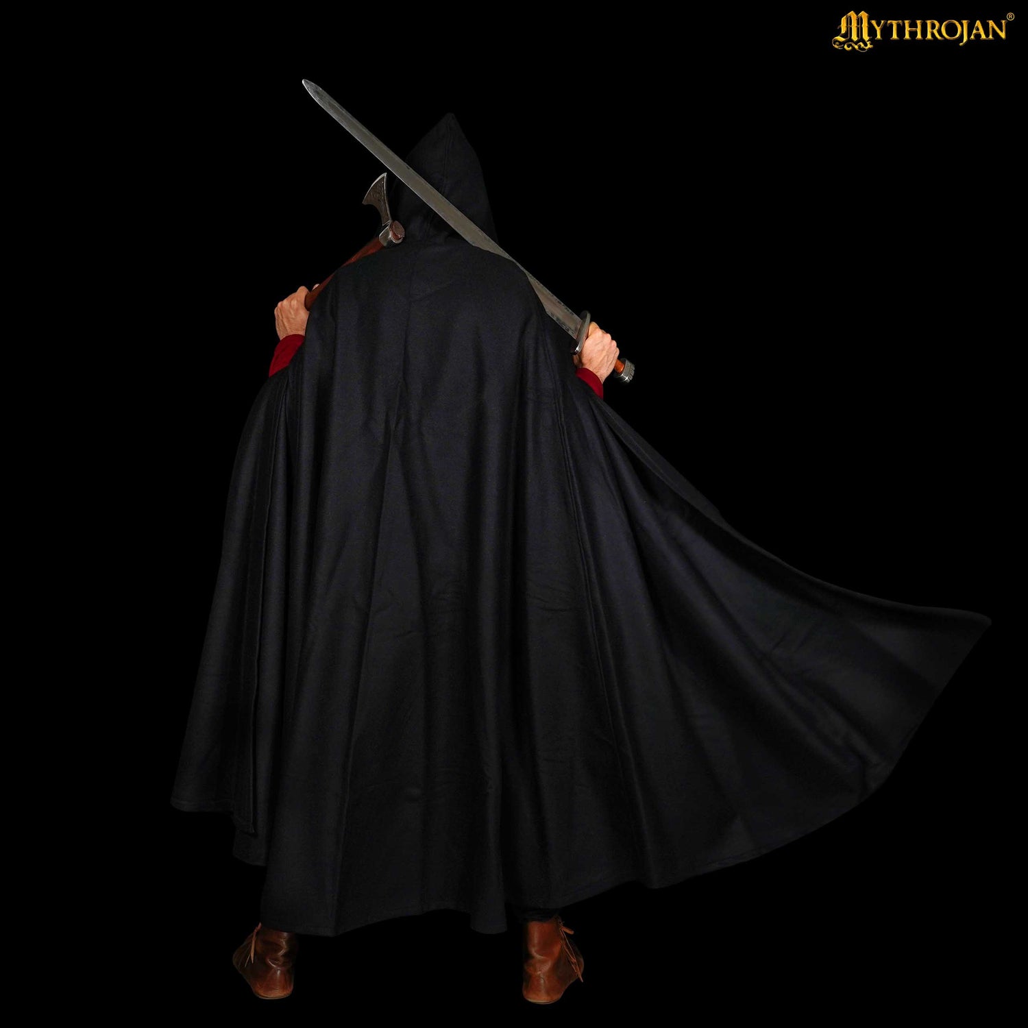 Mythrojan Woolen Hooded Cloak /Cape with delicate BRASS BROOCH Medieval Wool C ape for Ranger LARP SCA Cosplay, Black , Large