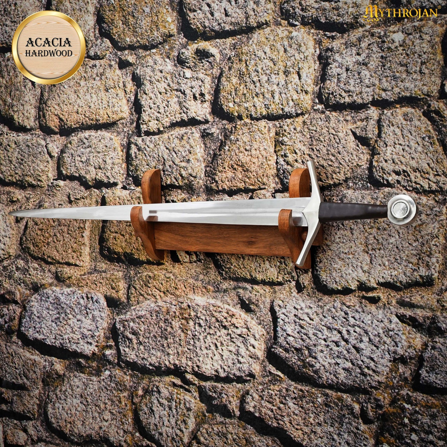 Mythrojan Solid Wood Sword Stand Medieval Sword Wall Mount Samurai Sword Display Stand Katana Sword Holder Gladiator Sword Wall Display Crusader Sword Stand Knife Stand for Display - One Tier Stand