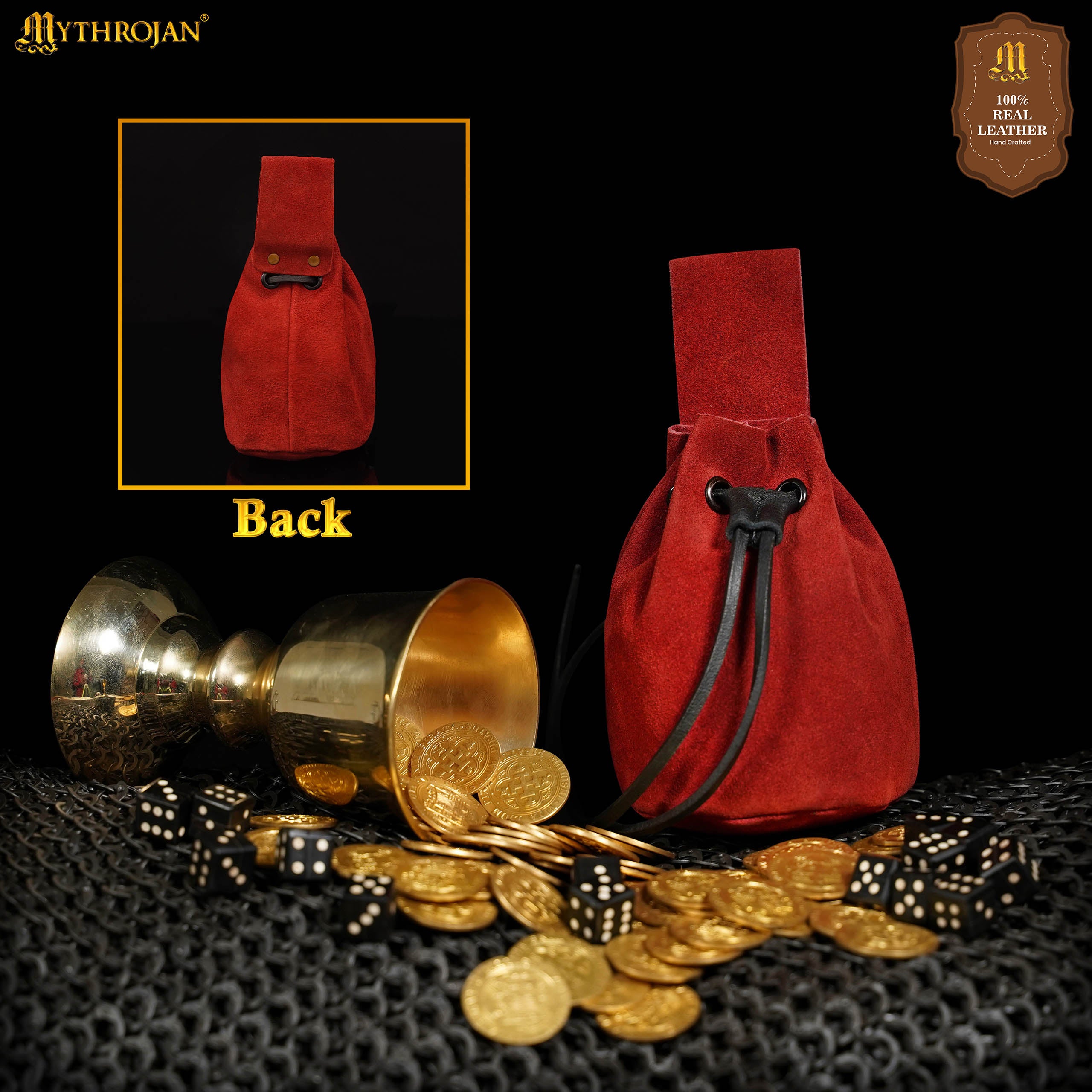 Mythrojan Medieval Drawstring Belt Bag, Ideal for SCA LARP Reenactment &amp; Ren fair , Suede Leather , Cherry 6” ×5 ”