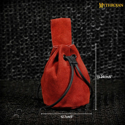 Mythrojan Medieval Drawstring Belt Bag, Ideal for SCA LARP Reenactment &amp; Ren fair , Suede Leather , Cherry 6” ×5 ”