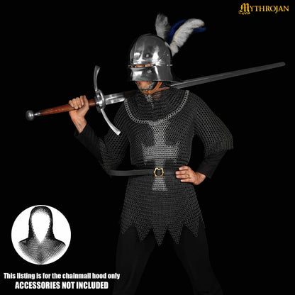 Mythrojan Medieval Chainmail Coif Butted Mild Steel, Medieval SCA Reenactments Medieval Events, Black Finish with Zinc Plated Edges, L