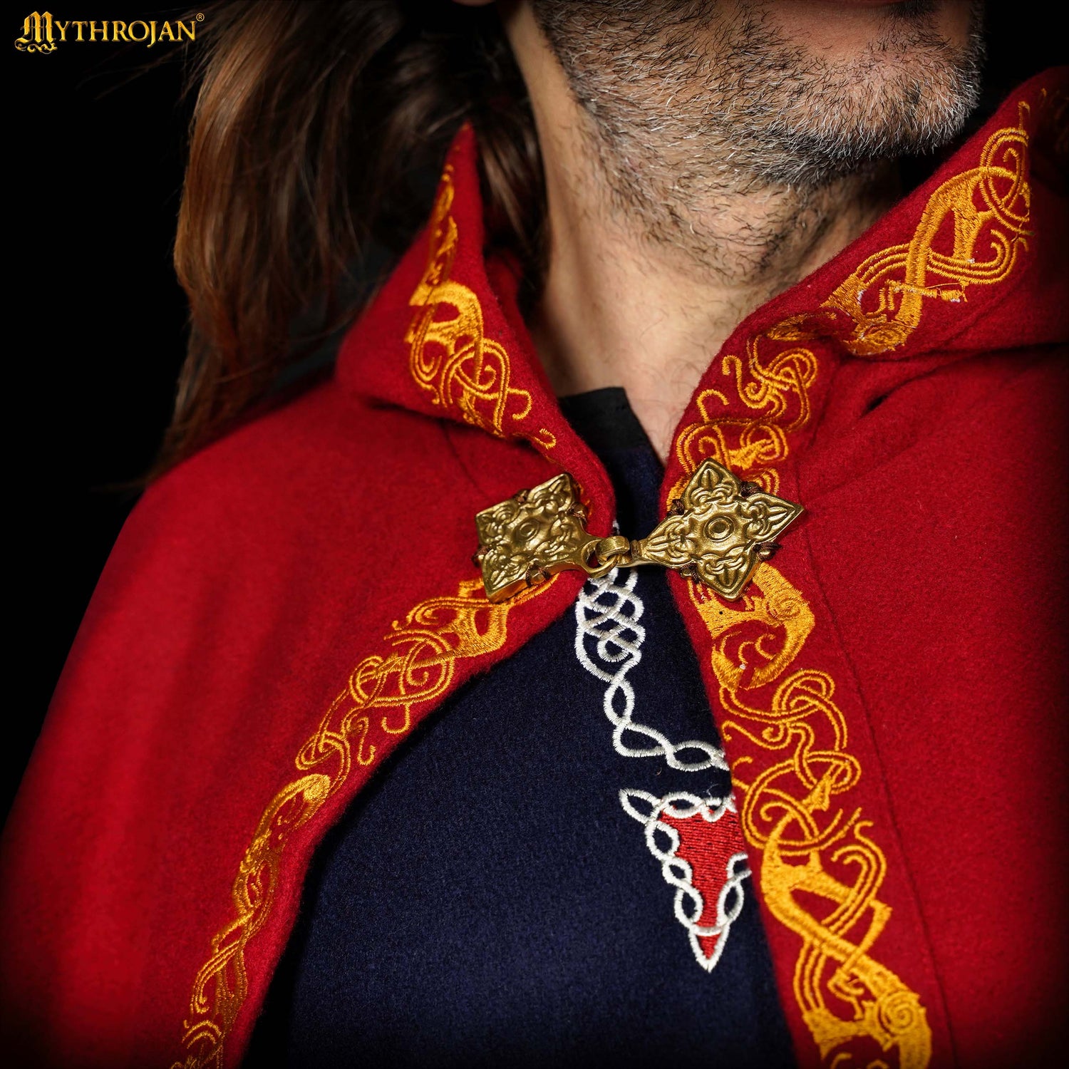 Mythrojan Woolen Embroidered Hooded Cloak /Cape with delicate BRASS BROOCH Medieval Wool C ape for Ranger LARP SCA Cosplay, Red , Large