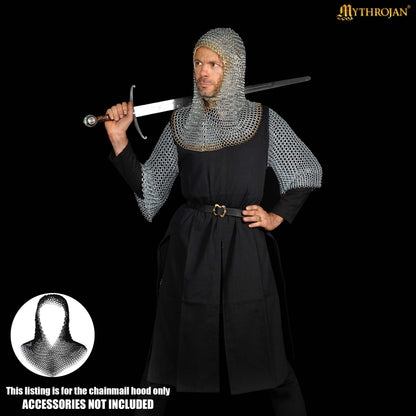 Mythrojan Medieval Chainmail Coif Butted Mild Steel and Solid Brass, Medieval SCA Reenactments Medieval Events, Zinc Plated with Solid Brass Edges, L