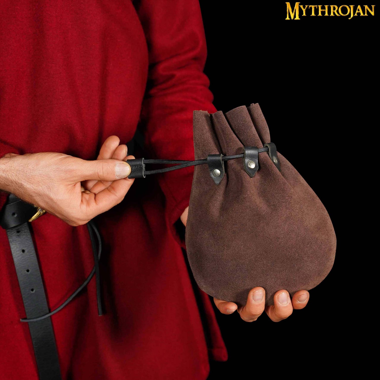 Mythrojan “ Gold and Dice ” Medieval Drawstring Bag, Ideal for SCA LARP Reenactment &amp; Ren fair Suede Leather Pouch, Chocolate Brown 9.2” ×7.2 ”