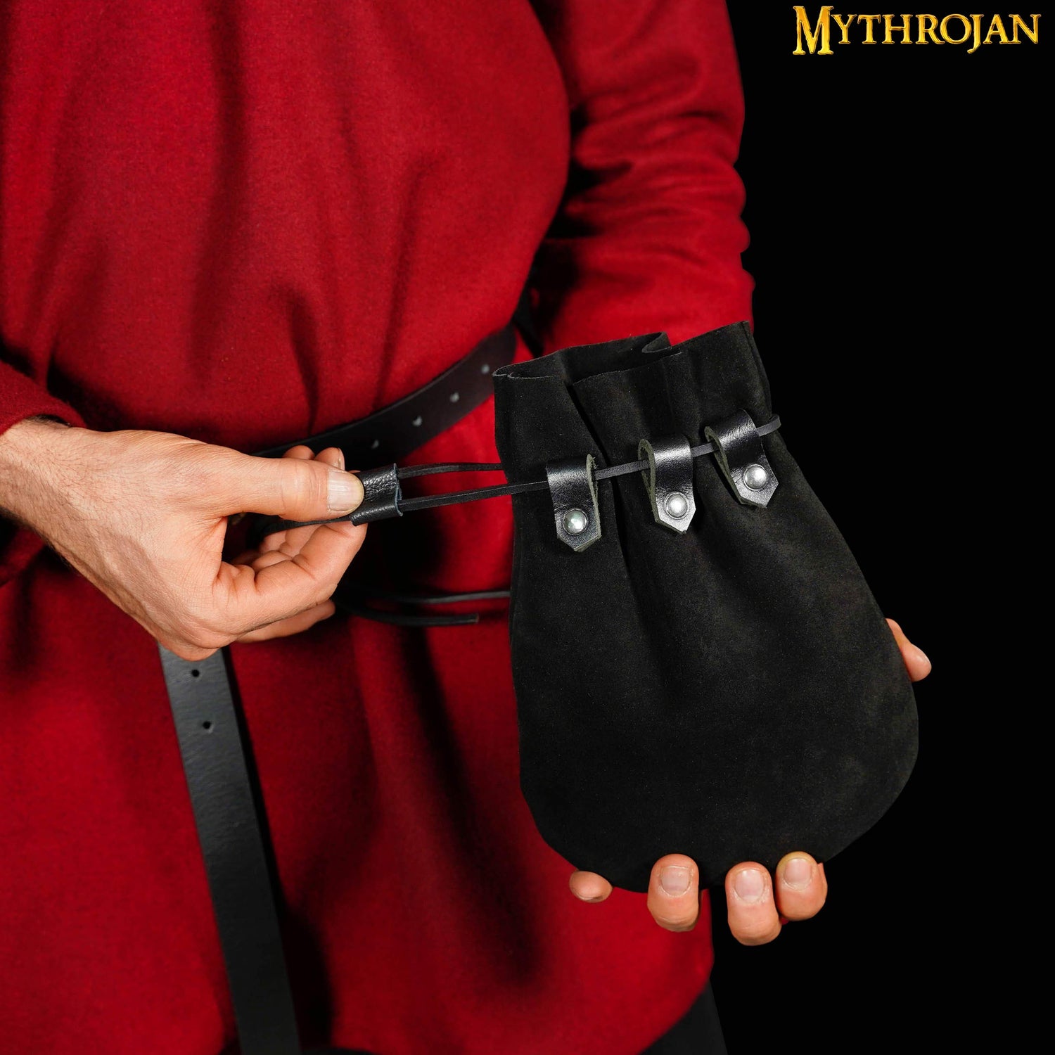 Mythrojan “ Gold and Dice ” Medieval Drawstring Bag, Ideal for SCA LARP Reenactment &amp; Ren fair Suede Leather Pouch, Black 9.2” ×7.2 ”